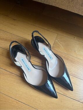 Manolo Blahnik “Caroline” Black Patent Leather Pointed Slingback Pumps